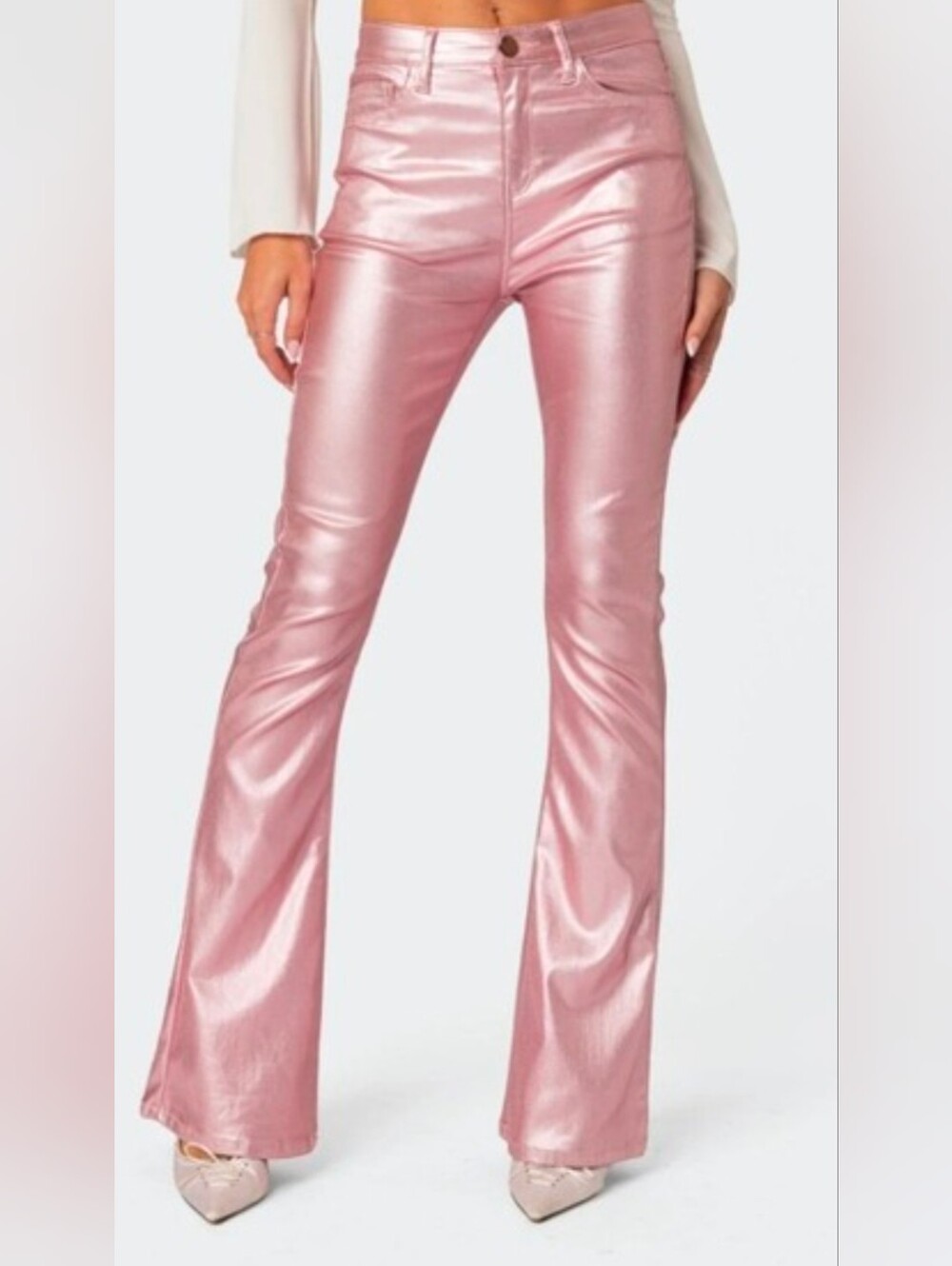 Women’s Edikted Metallic Sparkle Pink Flare Jeans Med Large
